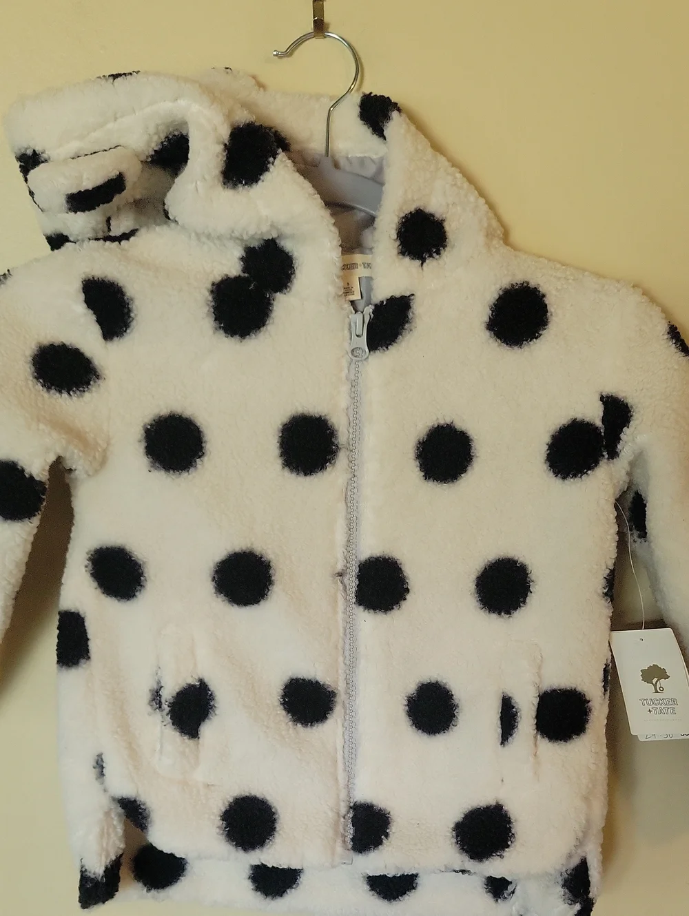 Tucker + Tate White Plush Hooded Jacket with Black Polka Dots